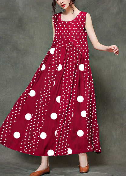 Red Polka Dot Stitching O-neck Wrinkled Long Dresses Sleeveless