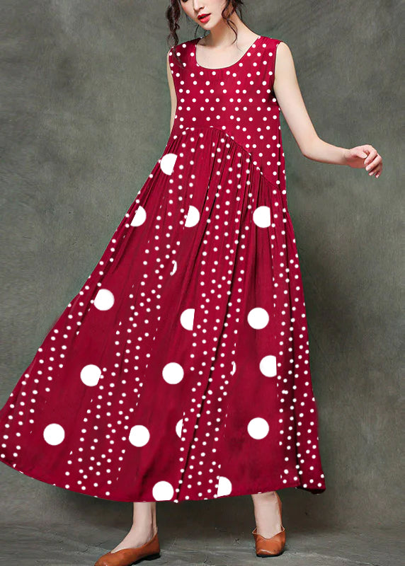 Black Polka Dots Stitching O-neck Wrinkled Long Dresses Sleeveless