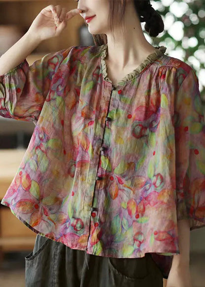 Pink-print4 V Neck Ruffled Print Linen Blouse Top Half Sleeve