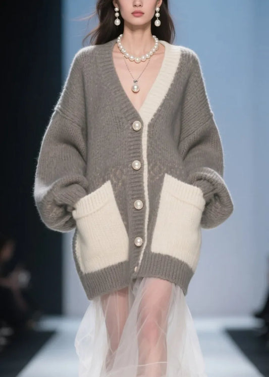 Classy Grey Pockets Tulle Patchwork Knit Cardigan Fall