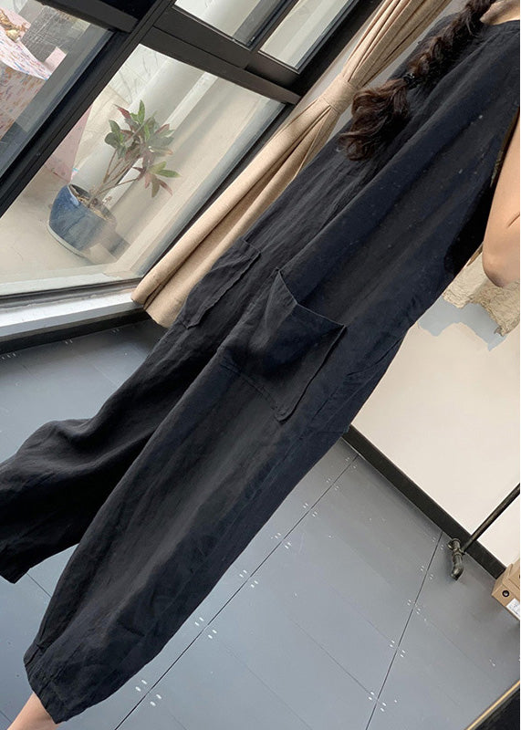 Black Chinese Button Pockets Patchwork Linen Jumpsuits Summer