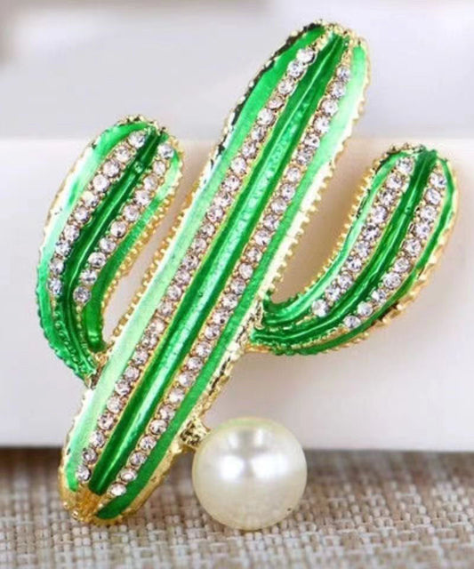 Green Alloy Zircon Pearl Drip Glaze Cactus Brooches
