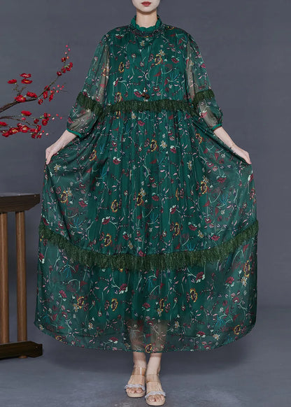 Style Tea Green Print Chiffon Ankle Dress Bracelet Sleeve