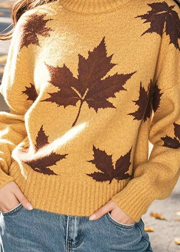 Yellow Hign Neck Thick Print Knit Sweaters Winter