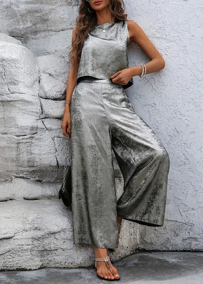Silver Sleeveless Top and Pants Two Pieces Set