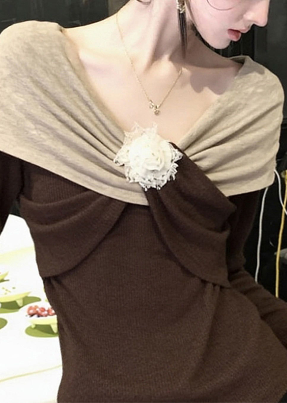Original Design Brown Patchwork Knit Sweaters Spring