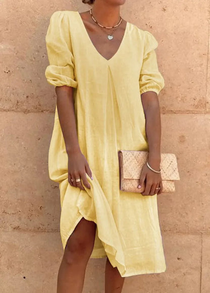 Pink V Neck Cotton Mid Dress Summer