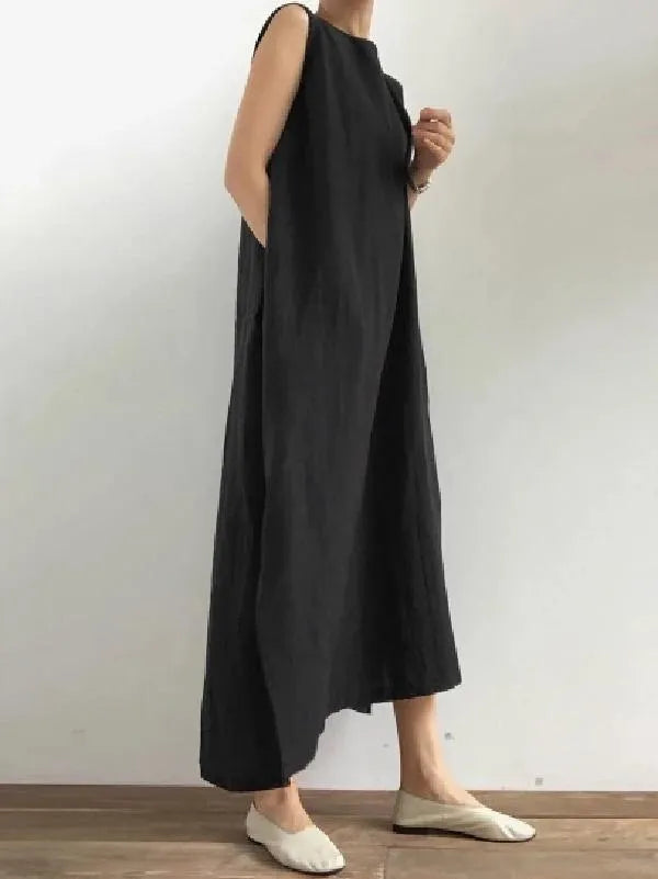 Black Cotton Linen Robes O Neck Side Open Cotton Robes Dresses