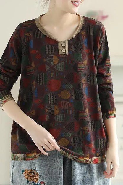 Round Neck Fish Print Knitted T-shirt