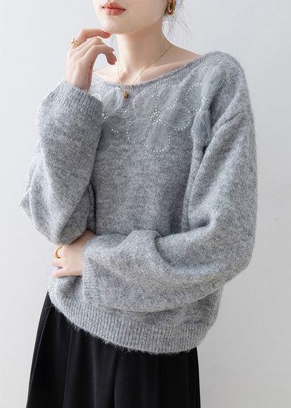 Grey O Neck Sequins Knitted Sweaters Spring