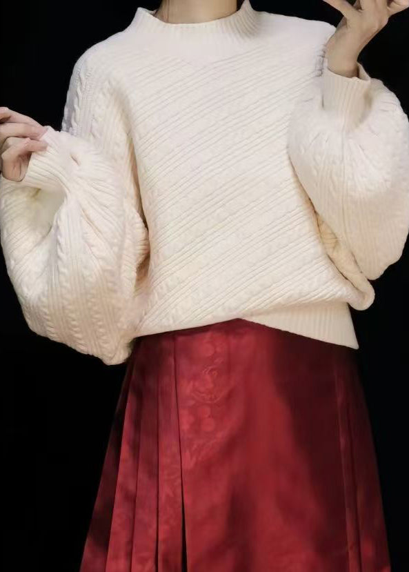Simple Green Turtleneck Cable Knit Sweaters Lantern Sleeve