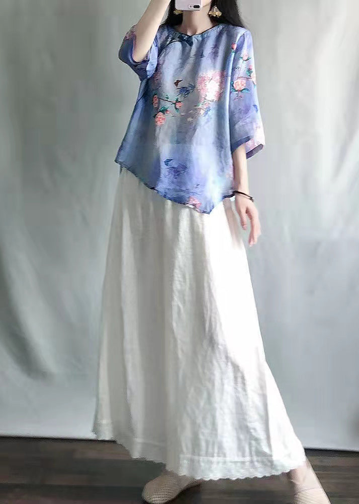 Light Green O-neck Print Shirts and Maxi Skirts Two Pieces Set Summer