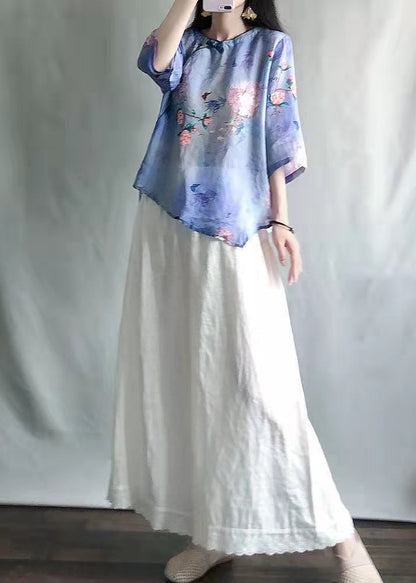 Light Green O-neck Print Shirts and Maxi Skirts Two Pieces Set Summer