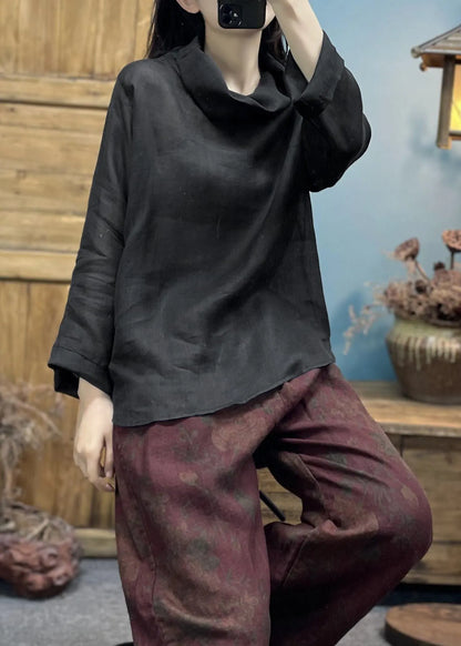 Simple Black Turtleneck Cotton Top Spring