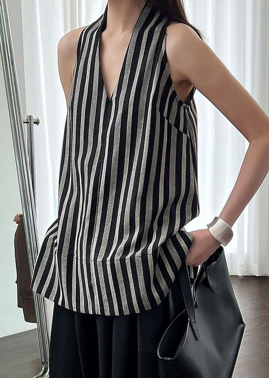 Black V Neck Striped Cotton Top Sleeveless