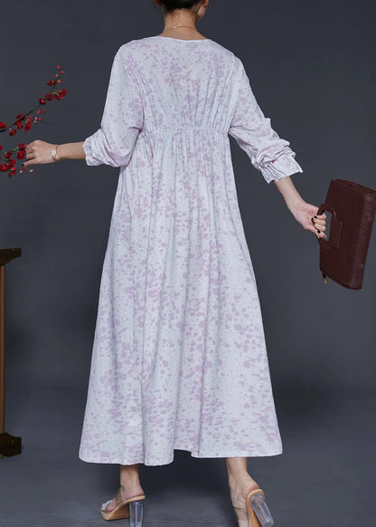 Light Purple V Neck Print Cotton Ankle Dress Spring