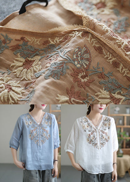 White V Neck Embroidered Linen Blouse Tops Half Sleeve