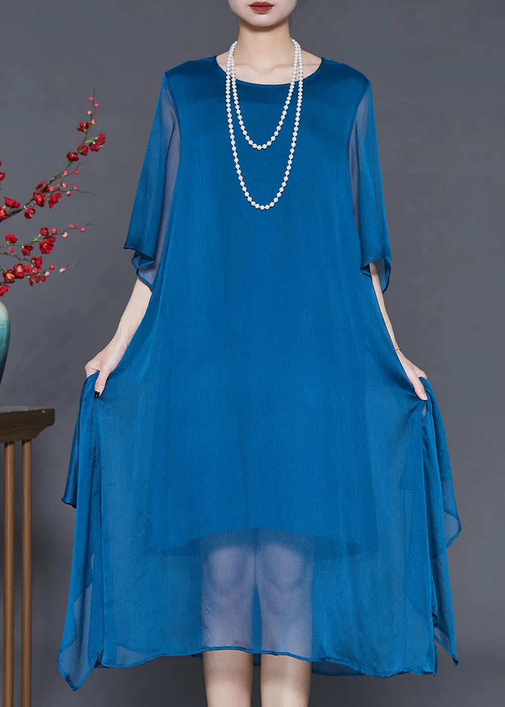 Peacock Blue Oversized Chiffon Long Dress Summer