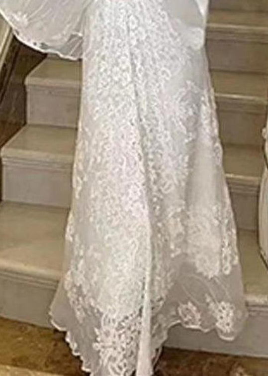 White V Neck Embroidered Cotton Maxi Dresses Batwing Sleeve