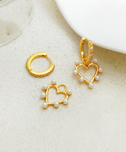 Gold Copper Overgild Inlaid Zircon Pearl Heart Hoop Earrings