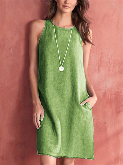 Color Sleeveless Cotton Linen Round Neck Loose Waist Pocket Tassel Undershirt Urban Style A-line Dress