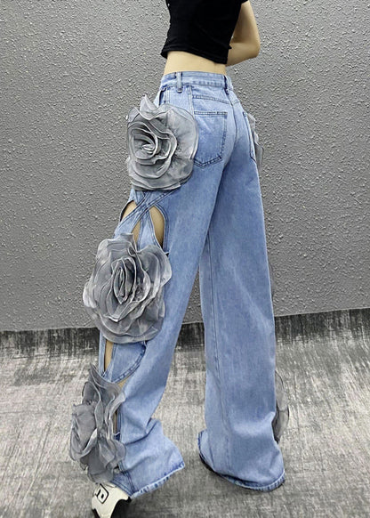 Original Design Blue Hollow Out Denim Wide Leg Pants Fall