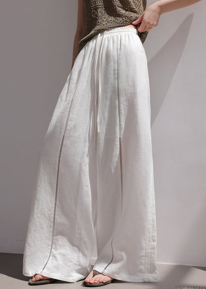 Fine White Hollow Out Drawstring Linen Wide Leg Pants Summer