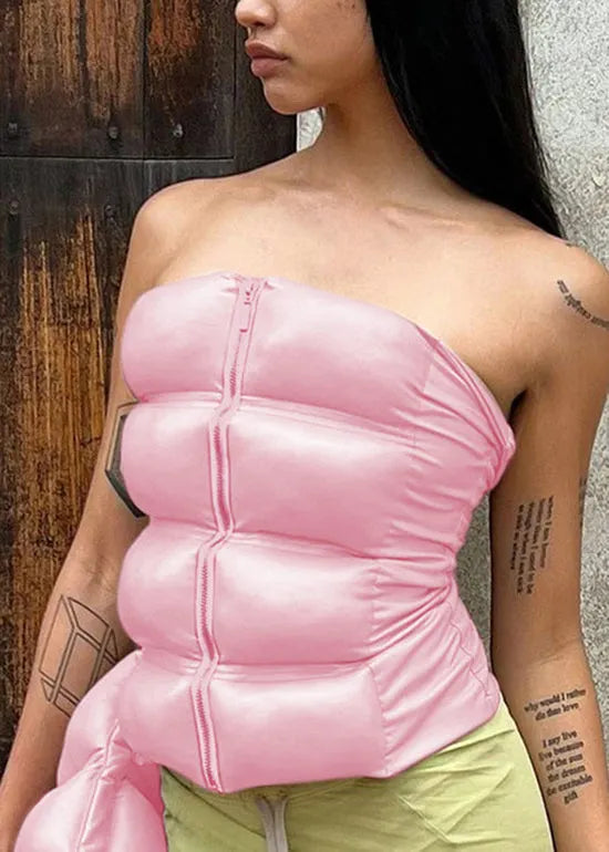 Khaki Cold Shoulder Zipper Strapless Vest