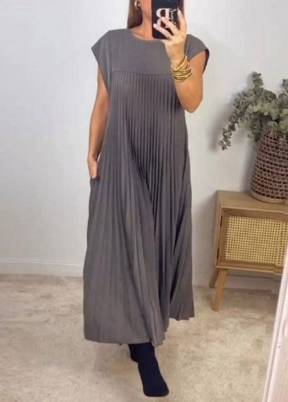 New Beige Wrinkled Pockets Long Dress Summer