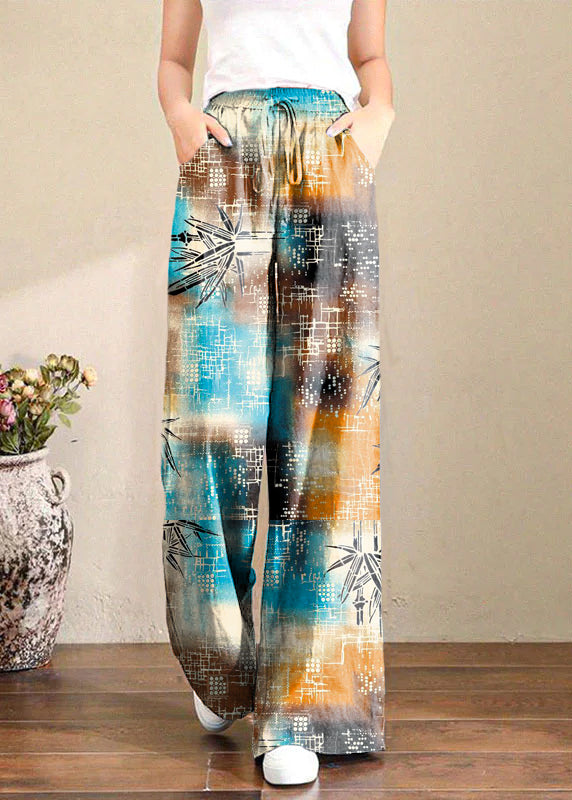 French Brown Geometry Elastic Waist Pockets Linen Wide Leg Pants Summer