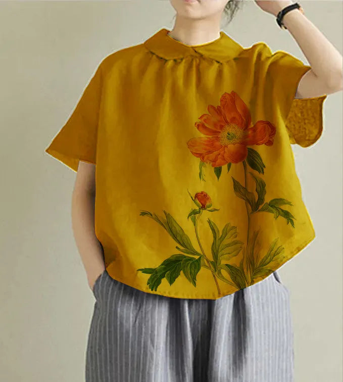 Simple Green Peter Pan Collar Linen Shirt Summer