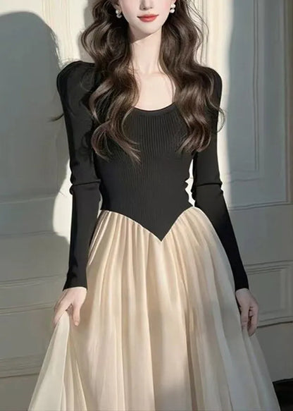 Style Black Long Dress Wrinkled Patchwork Long Knit Dress Long Sleeve