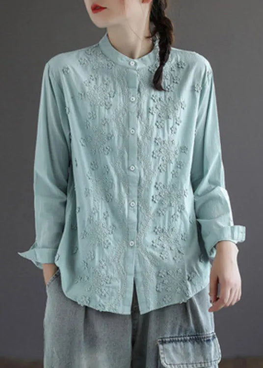 White Stand Collar Embroidered Button Cotton Shirt Long Sleeve