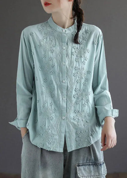 White Stand Collar Embroidered Button Cotton Shirt Long Sleeve