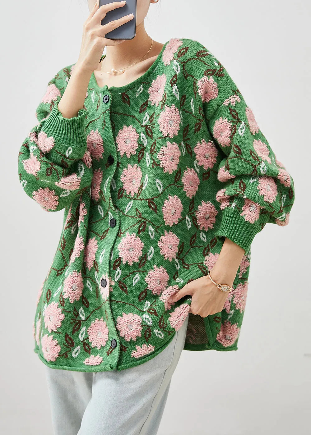 Green Jacquard Cozy Knit Cardigans Oversized Winter