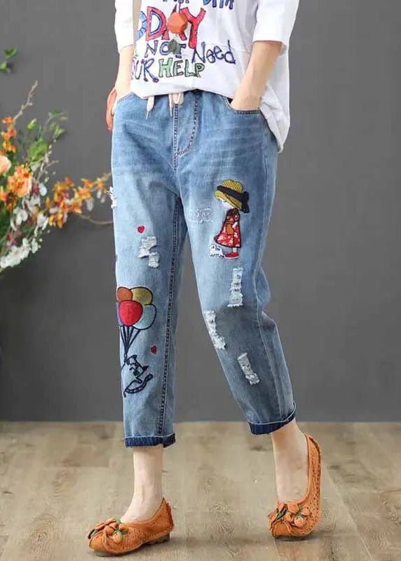 Denim Blue Pants Embroidered Elastic Waist Summer