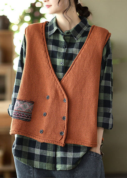 Classy Caramel V Neck Button Patchwork Knit Vest Spring
