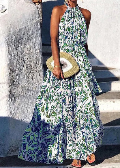 Italian Green Backless Print Cotton Halter Dresses Summer
