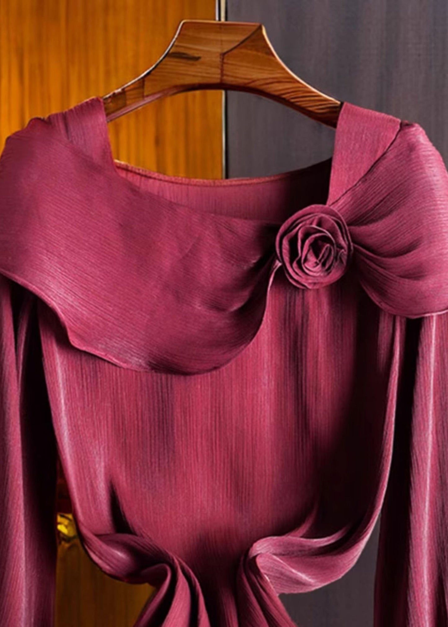 Italian Wine Red Square Collar Chiffon Shirts Fall