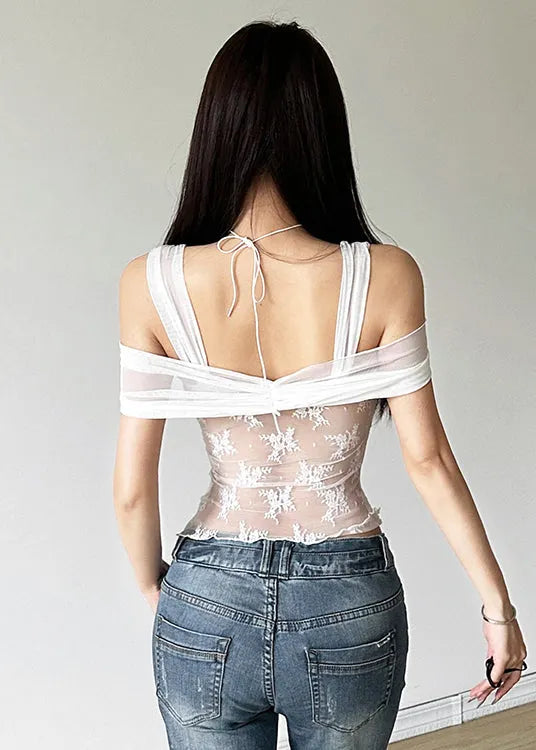 White Slash Neck Cold Shoulder Lace Embroidered Top Summer