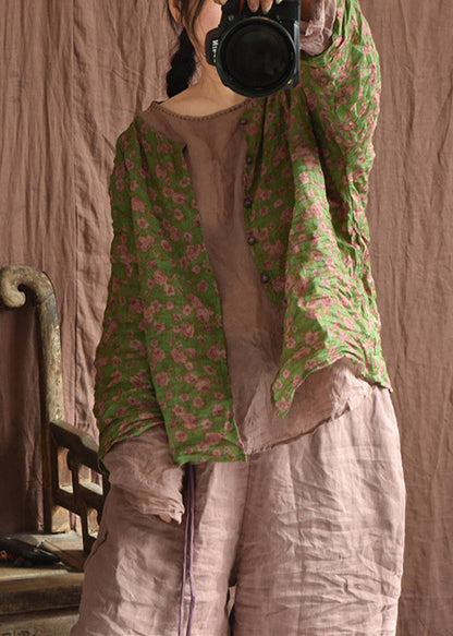 Green Button Print Linen Blouse Long Sleeve