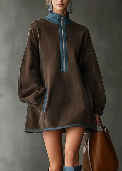 Brown High Neck Zip Up Patchwork Faux Suede Mini Dress Fall