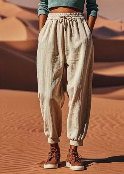 Light Khaki Tie Waist Beam Pants Summer