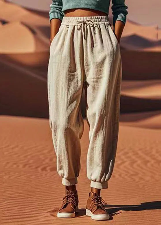 Light Khaki Tie Waist Beam Pants Summer
