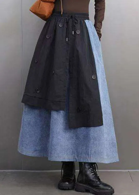 Loose Black Pockets Patchwork Deim a Line Skirts Spring