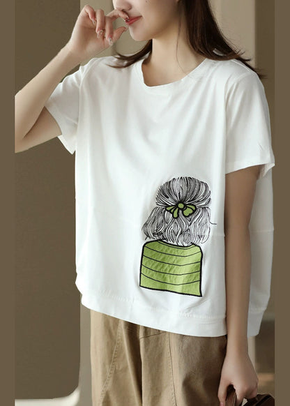 White O-neck Embroidered Patchwork Cotton Top Summer