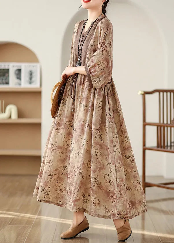 Khaki Print Tie Waist Pockets Cotton Long Dresses Fall