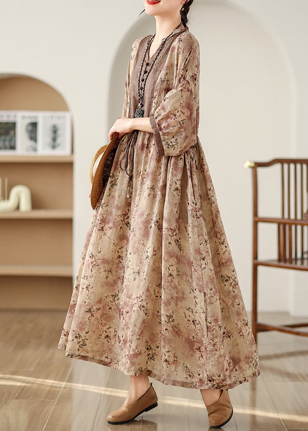 Khaki Print Tie Waist Pockets Cotton Long Dresses Fall