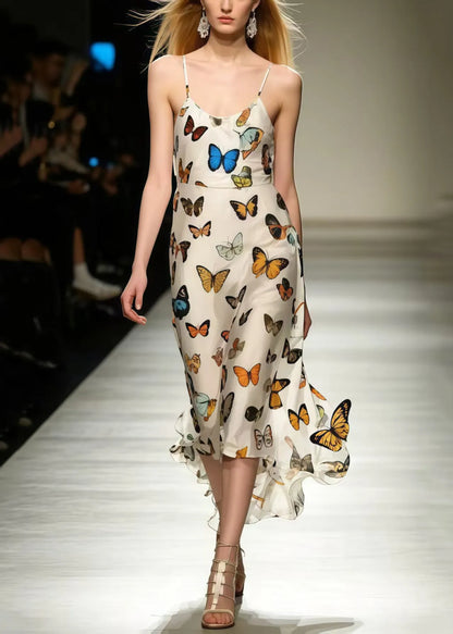 Silm Fit Polychrome Butterfly Chiffon Spaghetti Strap Dress Summer