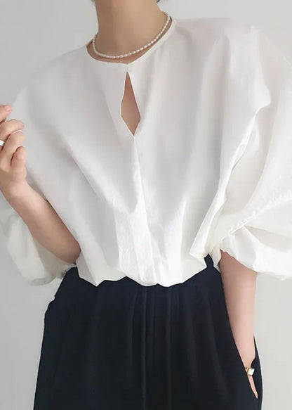 French White Oversized Cotton Shirt Tops Lantern Sleeve